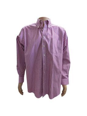 Paul Fredrick Men's Hot Pink and White Plaid Non-Iron Button-Down Shirt Size 16